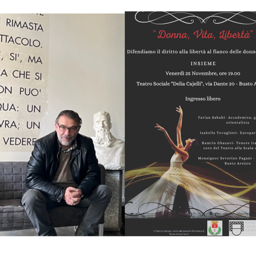 Luca Galli e la locandina dell'evento organizzato per le donne iraniane