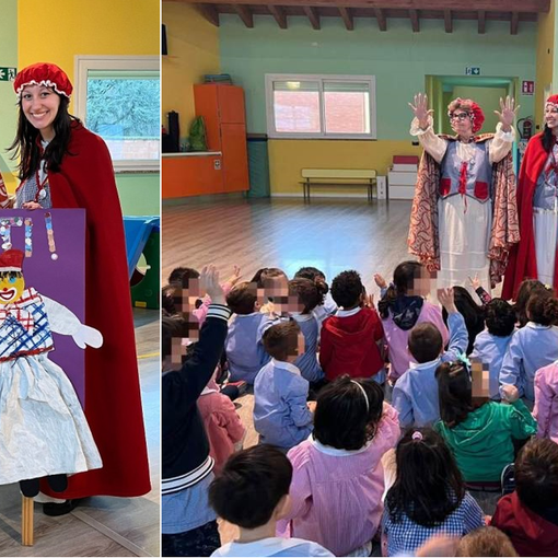 Carnevale, continua il viaggio delle maschere nelle scuole. A Beata accolte da uno splendido cartellone