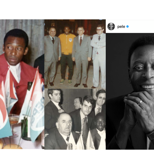 Pelé e la giacca rossa, con Peppino e Adriano Mancini e sotto anche con il giornalista Romussi. A lato il post di addio su Instagram