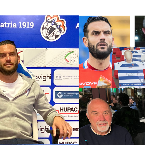 Riccardo Colombo, a destra affiancato al mitico Pippo Taglioretti, sotto con il ds Turotti alla festa di compleanno della Pro