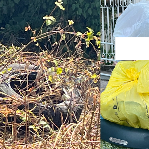 Pneumatici in un'area nascosta - ma non troppo - a Busto e immondizia di casa nei cestini