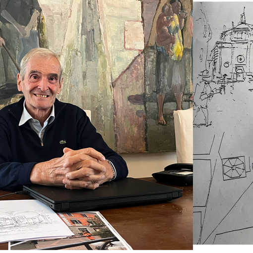 L'architetto Stefano Castiglioni e alcuni disegni del padre, eseguiti a memoria