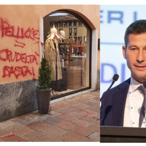 L'azione degli imbrattatori e a fianco il presidente di Confcommercio Busto Rudy Collini