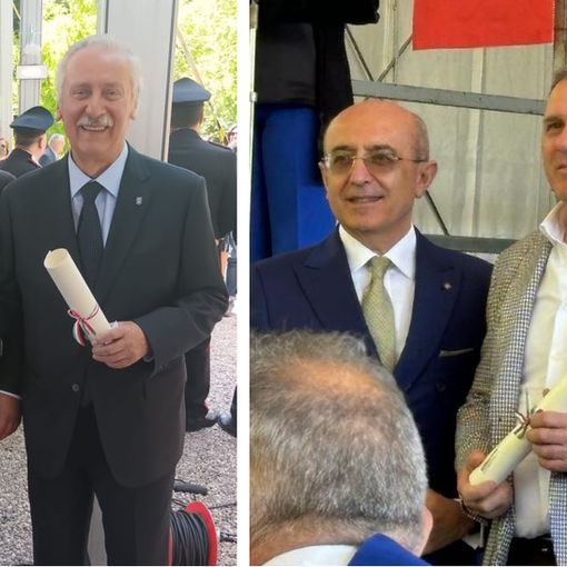 Nella foto a sinistra, Alessandro Albani con Danilo Francesco Guerini Rocco (a sinistra) e Sergio Ferrario. Nell'altra foto, Giovanni Colombo con la pergamena e, alla sua destra, il prefetto Salvatore Pasquariello