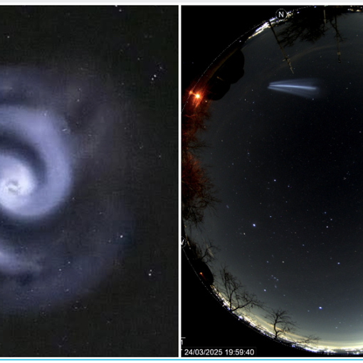 A sinistra: la spirale avvistata in cielo. A destra: una fase della formazione della luce immortalata dalle telecamere dell'Osservatorio al Campo dei Fiori