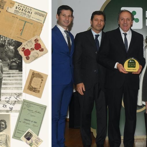A sinistra, il fondatore Angelo Borghi e alcuni documenti storici. A destra, la terza e quarta generazione (Aldo Tosi  con la figlia Miriam) alla premiazione delle attività storiche di Regione Lombardia