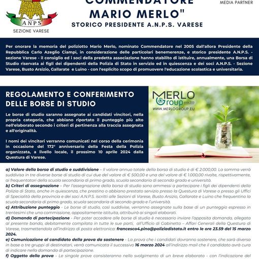 Una borsa di studio in memoria del poliziotto e imprenditore Mario Merlo
