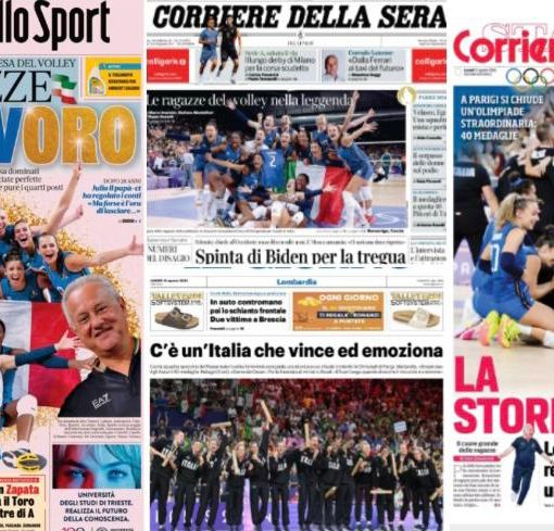 Alcune delle prime pagine con cui l'Italia celebra oggi le ragazze del volley campionesse olimpiche