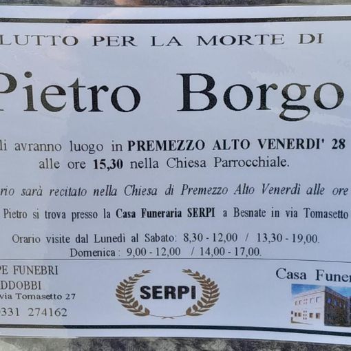 Cavaria con Premezzo in lutto per il suo Pietro