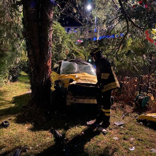 FOTO. Paura nella notte a Luino: un'auto sfonda il guard rail, colpisce una pianta e finisce nel giardino di una villa