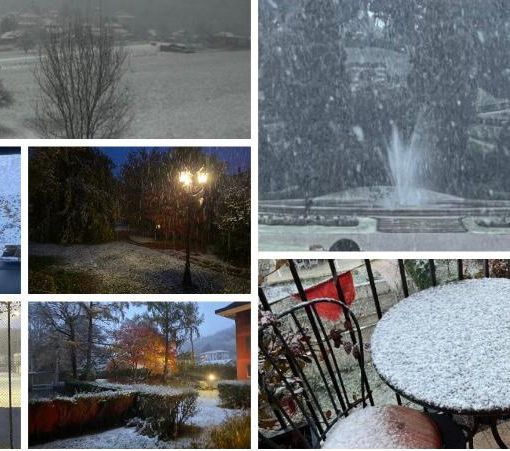 Dall'alto in senso orario il Brinzio e i Giardini Estensi sotto la prima neve, un balcone e un'abitazione in zona Masnago, il campo delle Bustecche in bianco, un'auto in sosta davanti al palaghiaccio di via Albani e al centro un giardino a Castronno