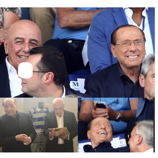 Sopra, Berlusconi e Galliani nella foto di Daniele Belosio. Sotto, un'altra immagine in tribuna e la visita al Pro Patria Museum