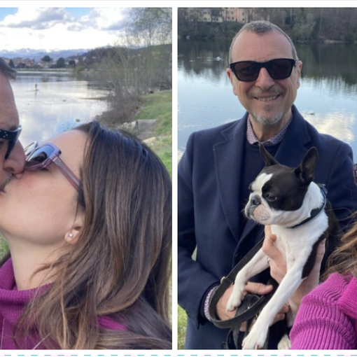 Passeggiata vip sul lago Maggiore: Amadeus a spasso per Sesto Calende con moglie e cagnolino