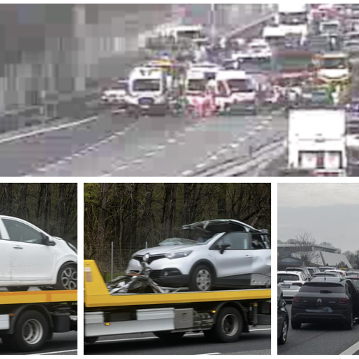 L'incidente visto da una webcam di Autostrade per l'Italia. Sotto: due delle auto coinvolte e le lunghe code in A8 L'incidente visto da una webcam di Autostrade per l'Italia. Sotto: due delle auto coinvolte e le lunghe code in A8