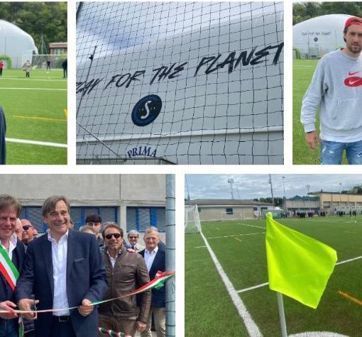 Claudio Milanese, patron della Solbiatese, all'inaugurazione del nuovo centro sportivo di Solbiate Arno, il taglio del nastro con il sindaco Battiston e il vice presidente del consiglio regionale Cosentino, i giocatori della Solbiatese Scapinello, Mondoni e Torraco sui nuovi campi e il pallone con i 3 campi da padel