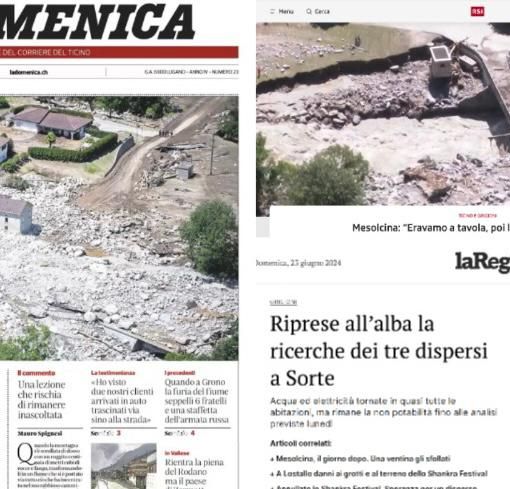 Quotidiani cartacei e online ticinesi con titoli e immagini drammatiche sul disastro in Mesolcina