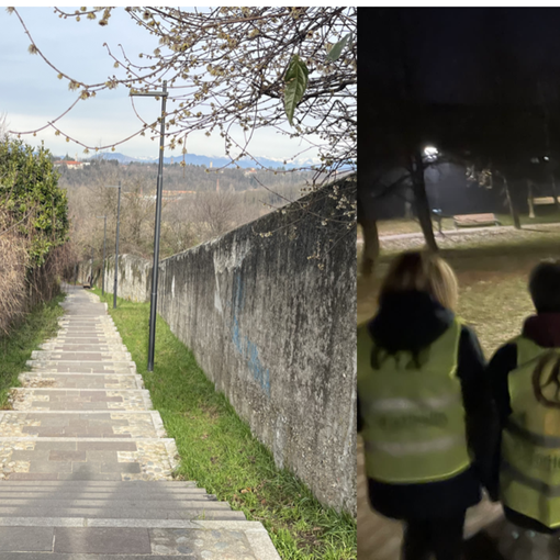 I gradini da e verso la Valle che saranno &quot;scalati&quot; con la San Gaudenzio Run e a lato i camminatori entrati in azione venerdì