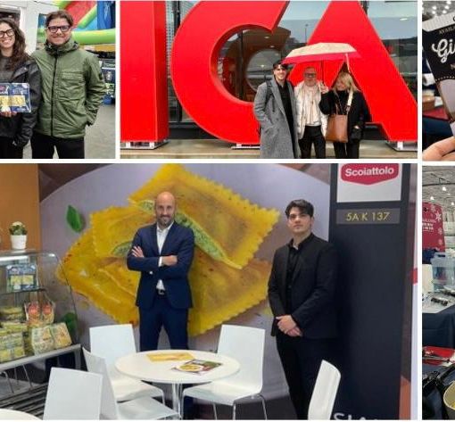 Lo Scoiattolo porta la pasta varesina da Varese al mondo: qui sopra Matteo Di Caro presente nei giorni scorsi al Sial, il Salone Internazionale dell'Alimentazione di Parigi, dove sono stati cucinati anche i prodotti dell'azienda di Lonate Ceppino. Sopra è con la famiglia alla sede svedese del colosso della grande distribuzione svedese Ica