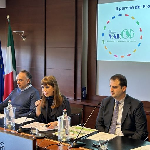da sinistra, Mario Fontanella Pisa della LIUC - Università Cattaneo, Green Transition Hub, Fabio Iraldo della Scuola Superiore Sant’Anna di Pisa, Barbara Cimmino, Vicepresidente di Confindustria Varese e i Project Manager del progetto strategico VARESG, Jacopo Fusi (Confindustria Varese) e Irene Tamborini (Servizi Confindustria Varese)