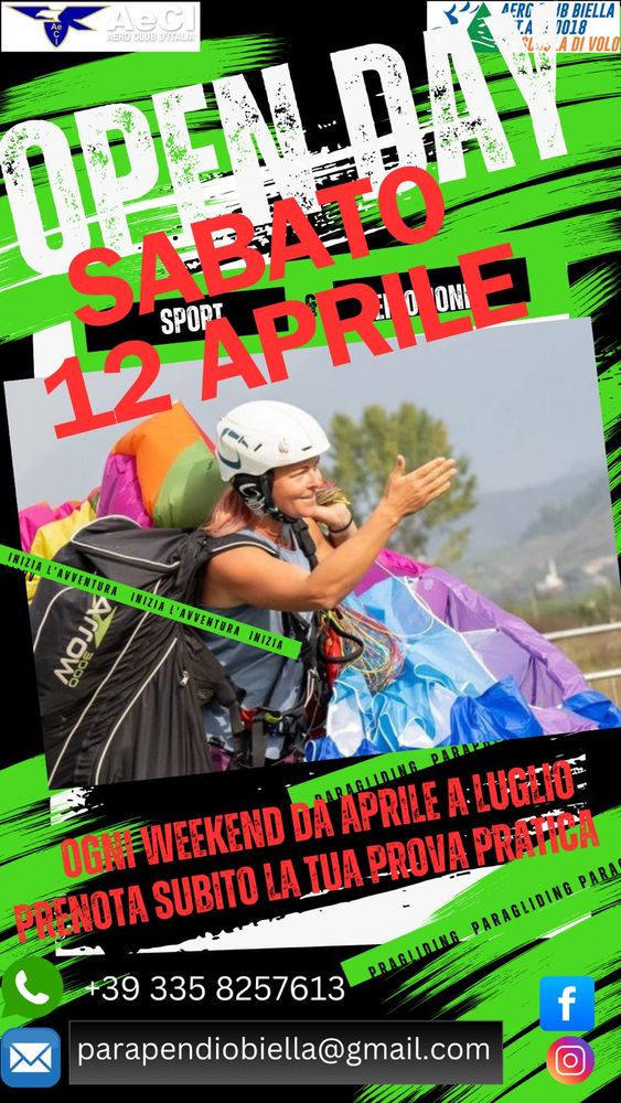 Scuola di parapendio: Open Day gratuiti con l'Aero Club Biella, si parte il 12 aprile. Scuola di parapendio: Open Day gratuiti con l'Aero Club Biella, si parte il 12 aprile.
