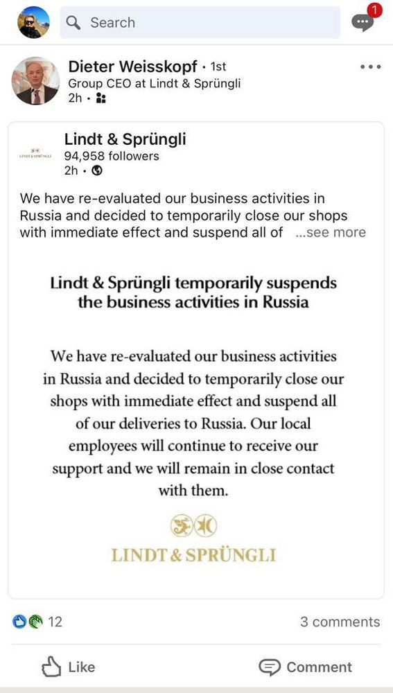 Anche Lindt sospende le sue attività in Russia