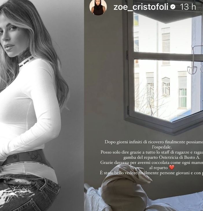 Zoe Cristofoli in una sua immagine Instagram e nel post che ha diffuso