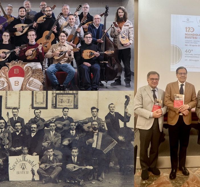 I Mandolinisti Bustesi oggi (credits Gaspare Dall'Aire) e ieri, e la presentazione di oggi