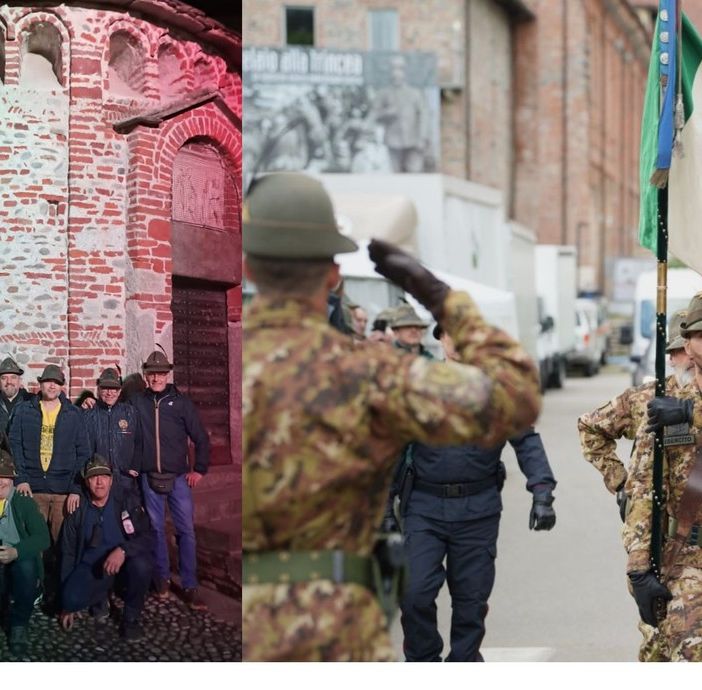 A sinistra i primi alpini di Busto arrivati a Biella, a destra un'immagine dal sito dell'Adunata