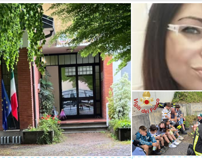 A sinistra: la scuola primaria Pascoli di Cazzago Brabbia. Nei riquadri la vittima Domenica Russo e alcuni bambini messi in sicurezza dai vigili del fuoco durante le operazioni di soccorso A sinistra: la scuola primaria Pascoli di Cazzago Brabbia. Nei riquadri la vittima Domenica Russo e alcuni bambini messi in sicurezza dai vigili del fuoco durante le operazioni di soccorso