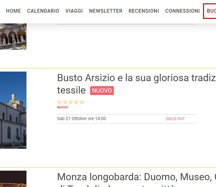 La pagina di &quot;milanoguida.com&quot; con il soldout della gita fuori porta a Busto Arsizio