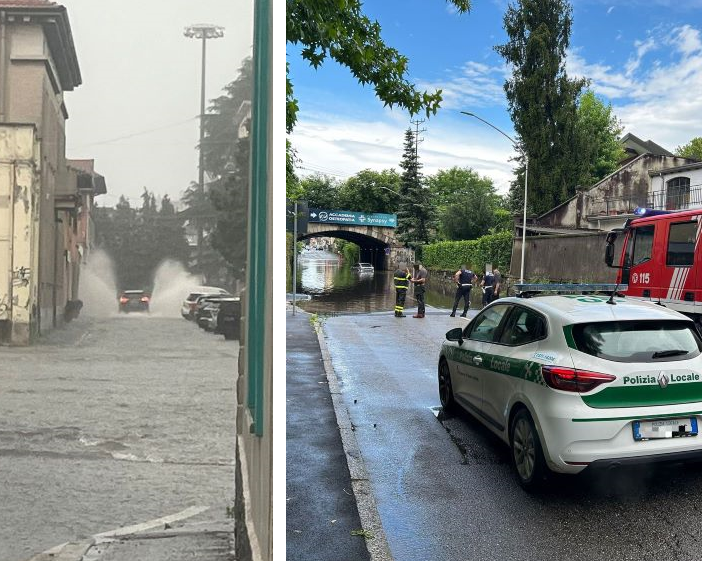 FOTO. Maltempo, a Busto strade allagate e auto bloccata nel sottopasso