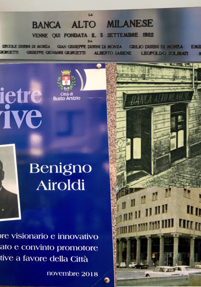La targa e  Benigno Airoldi. Le sedi nelle foto per cortesia dell'archivio storico Intesa Sanpaolo, a loro volta prese da un opuscolo del Banco lariano