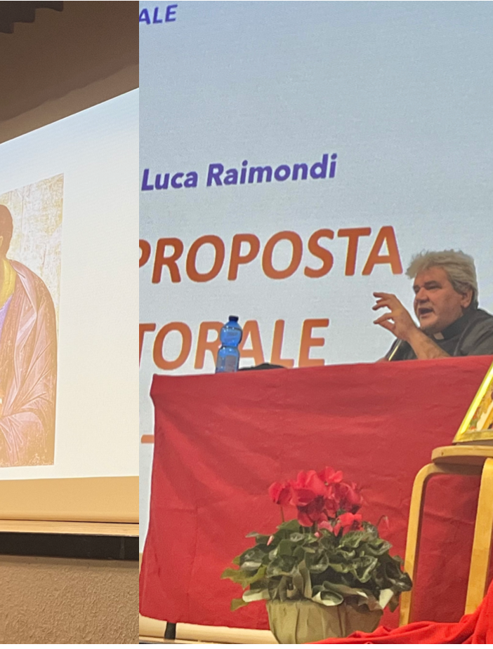 L'assemblea con monsignor Luca Raimondi. Sopra monsignor Severino Pagani