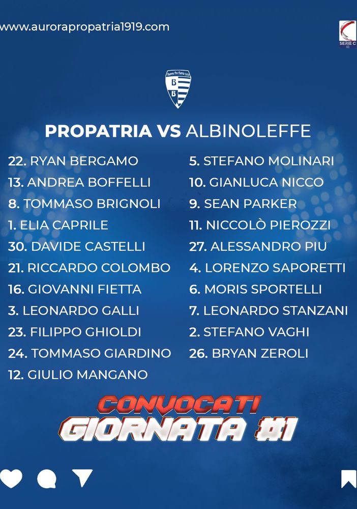 Pro Patria- Albinoleffe: ecco i 21 convocati