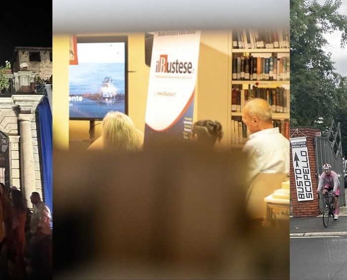 Al centro un momento di SportivaMente in biblioteca, a sinistra il Castello di Fagnano per la Notte Bianca e a destra la Busto Scopello