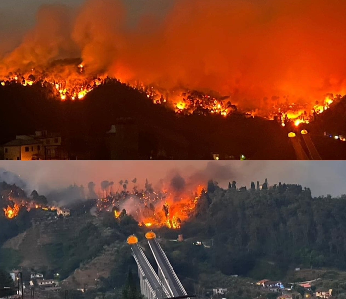 Le immagini del rogo vicino all'autostrada di Riccardo Brocchini diffusa dalla pagina Facebook di Rete Meteo Amatori e del Comune