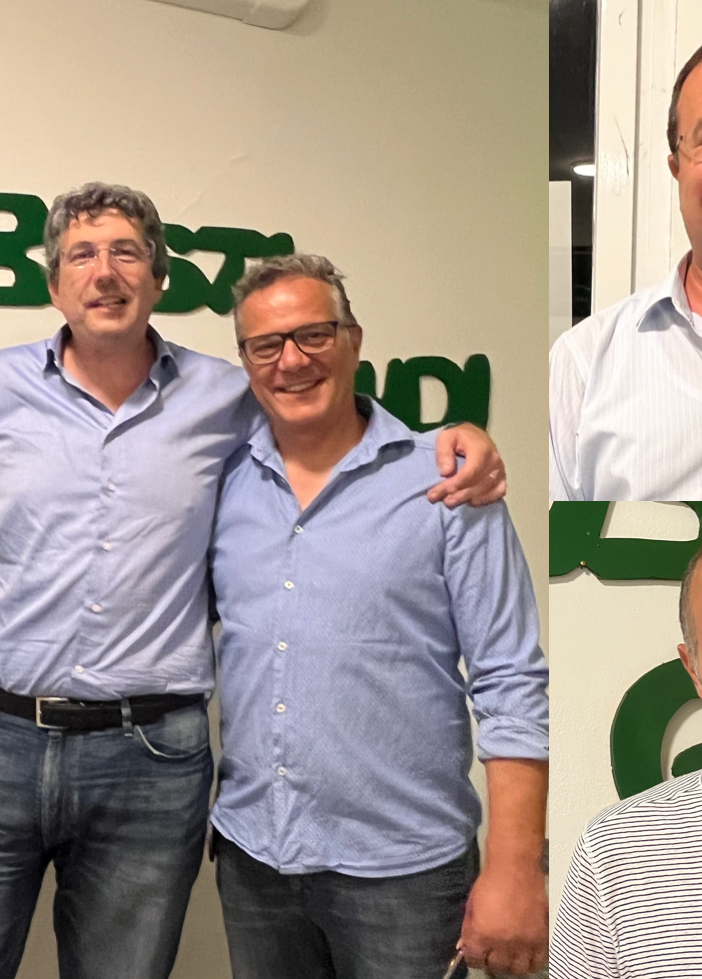 Candidati e non solo in via Culin: Gualandris e Albani, segretari provinciale e cittadino, dall'alto a sinistra in senso orario Candiani, Maffioli, il sindaco Cassani e Romeo
