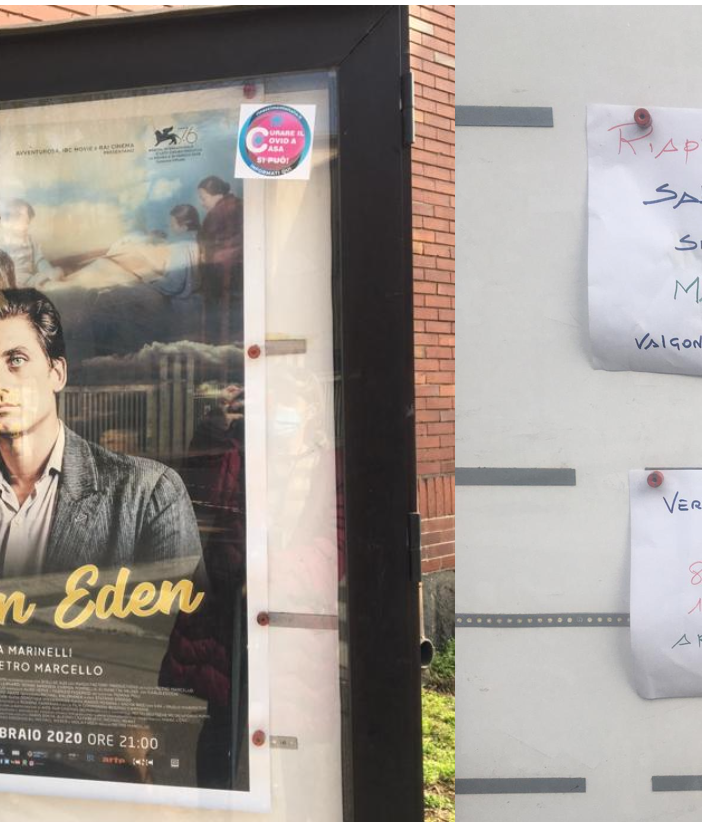 Il manifesto del febbraio 2020 e il cartello arrivato ora in viale Alfieri: due flash di una pandemia e della ripresa