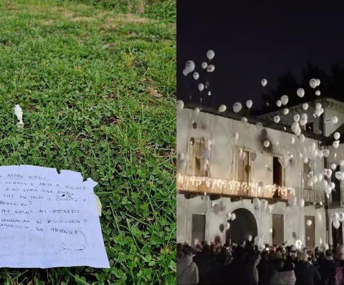 La letterina postata sulla pagina Facebook Podere Casanova Montepulciano e, a destra, il lancio dei palloncini a Villa Gonzaga