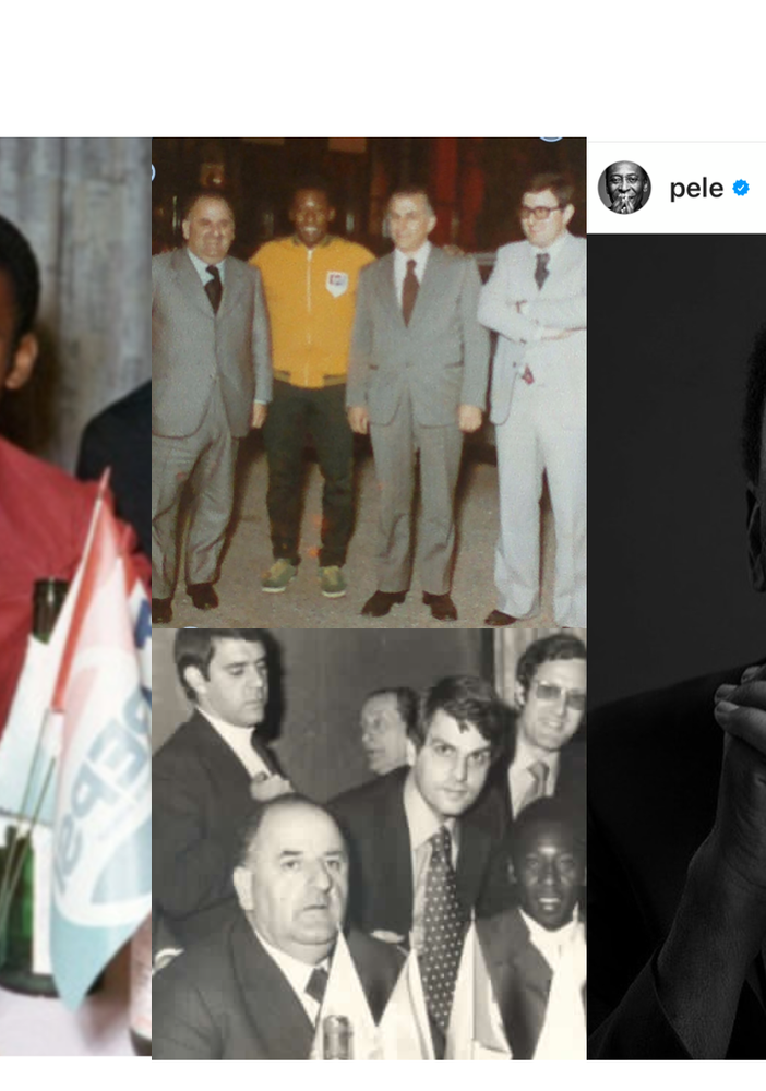 Pelé e la giacca rossa, con Peppino e Adriano Mancini e sotto anche con il giornalista Romussi. A lato il post di addio su Instagram