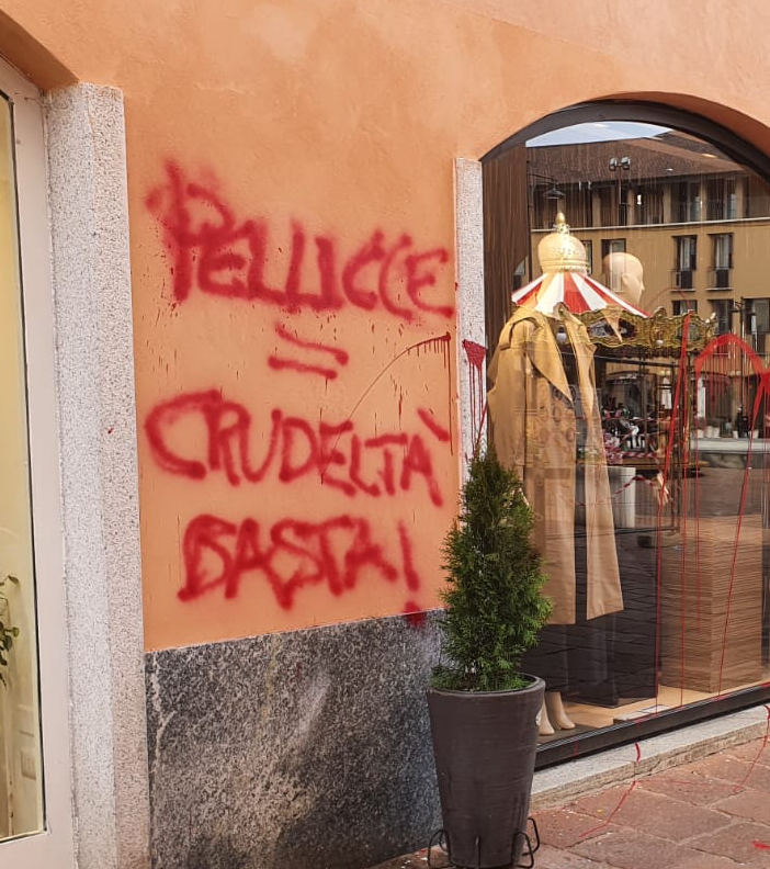 «Pellicce uguale crudeltà. Basta!». Vandali imbrattano negozio in pieno centro