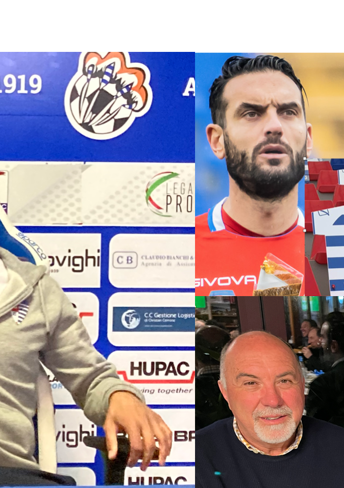Riccardo Colombo, a destra affiancato al mitico Pippo Taglioretti, sotto con il ds Turotti alla festa di compleanno della Pro
