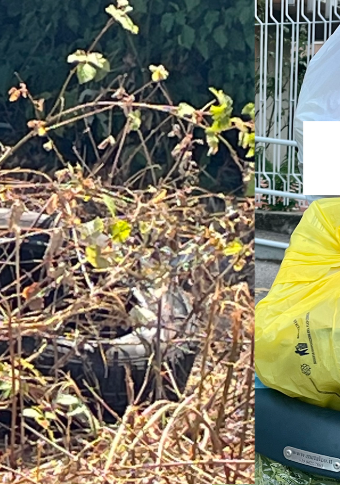 Pneumatici in un'area nascosta - ma non troppo - a Busto e immondizia di casa nei cestini