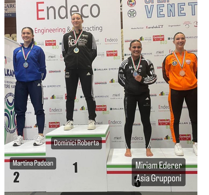 Roberta Dominici sul gradino più alto del podio. Sotto: medaglie per Aurora Fanelli e Alessandra Bossi