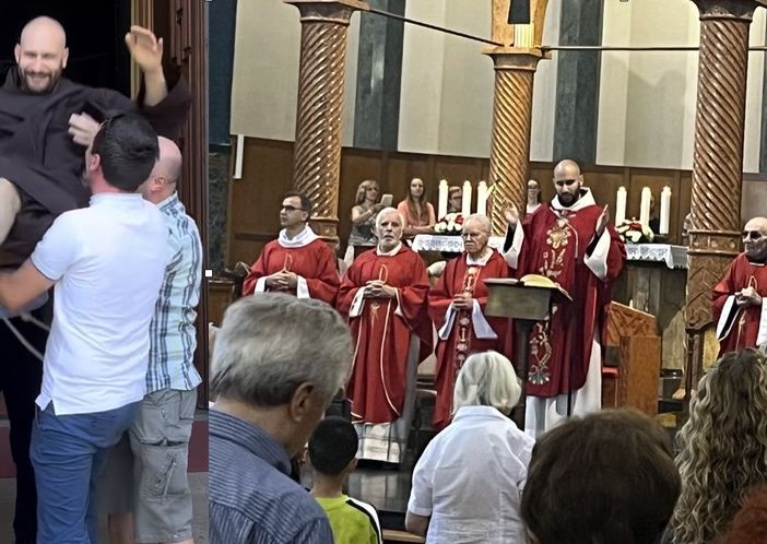 Don Lorenzo mentre celebra a destra e a lato mentre viene lanciato scherzosamente in aria (foto social dell'oratorio di Sant'Edoardo)