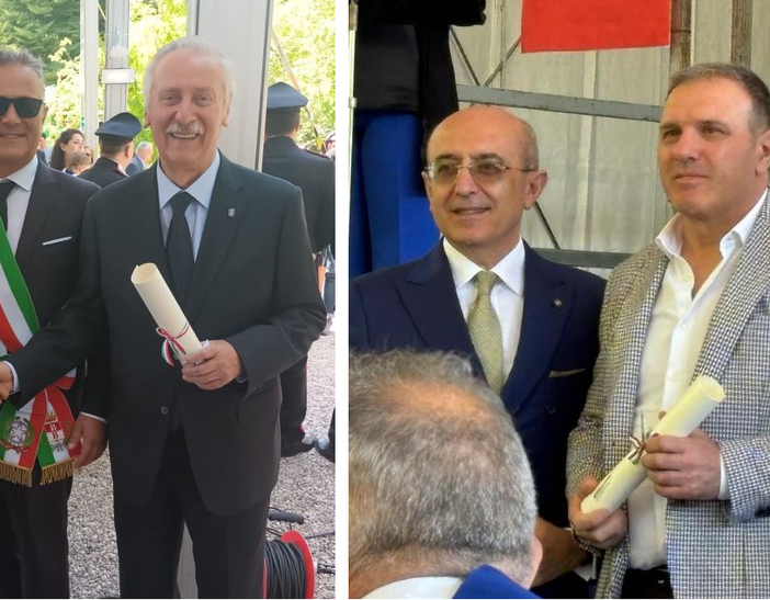 Nella foto a sinistra, Alessandro Albani con Danilo Francesco Guerini Rocco (a sinistra) e Sergio Ferrario. Nell'altra foto, Giovanni Colombo con la pergamena e, alla sua destra, il prefetto Salvatore Pasquariello