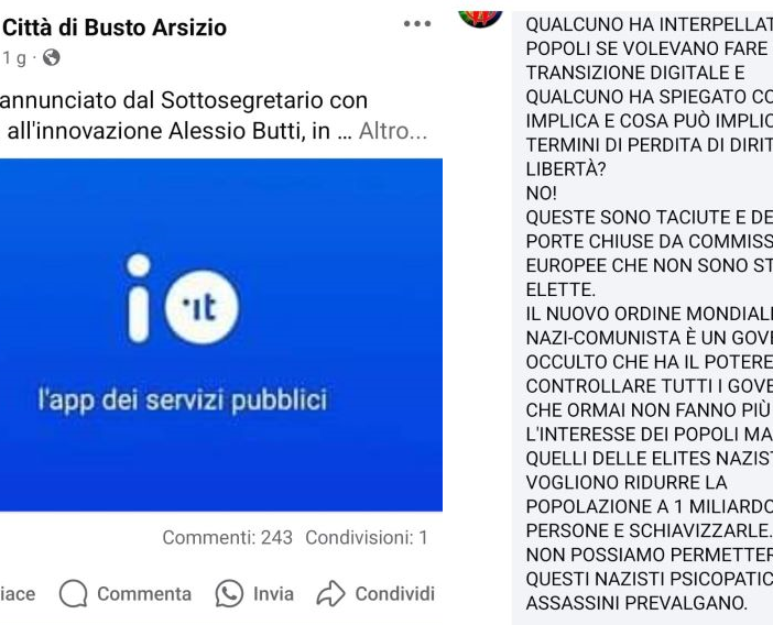 Pagina Facebook del Comune di Busto sotto attacco. Centinaia di commenti contro «il nuovo ordine mondiale nazi-comunista»