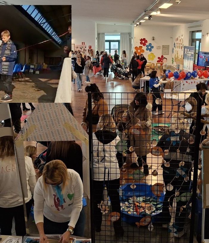 Una delle sale con gli stand e, nel riquadro, il taglio del nastro con l'assessore Chiara Colombo e un giovane partecipante