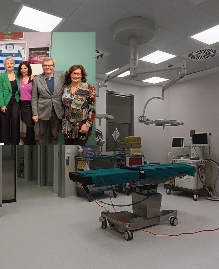 La nuova sala operatoria. Nel riquadro, Sara Tosi, quarta da sinistra, e il direttore sanitario Giuseppe Reggiori, secondo da destra, al momento di festa con lo staff