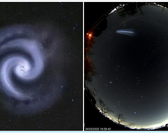 A sinistra: la spirale avvistata in cielo. A destra: una fase della formazione della luce immortalata dalle telecamere dell'Osservatorio al Campo dei Fiori